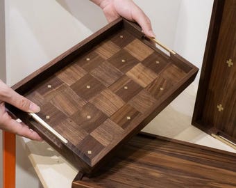 Bandeja de madera con incrustaciones de latón, Bandeja personalizada para servir de nogal con asas, Bandeja otomana decorativa, Bandeja de té estampada, Regalo de bienvenida