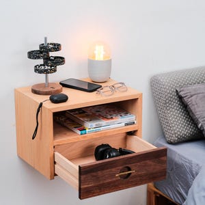 Solid Wood Floating Nightstand With Drawer, Wall Mounted Bedside Table With Brass Handle, Wooden Nightstand With Storage, Handmade End Table