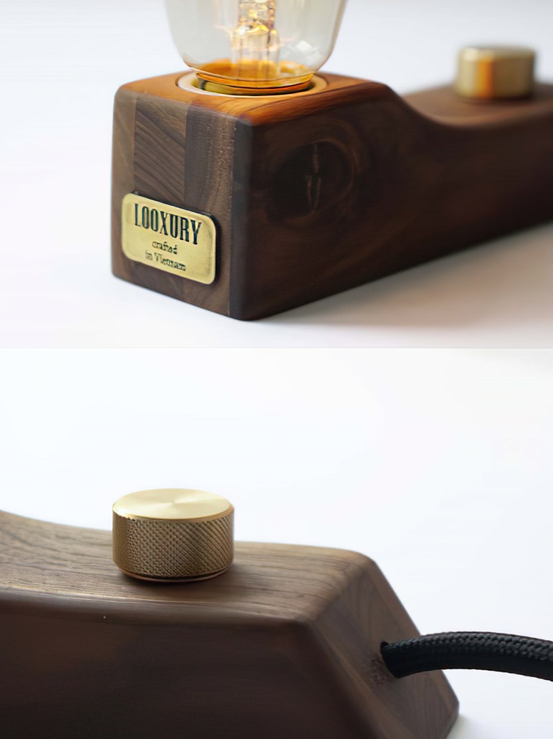 Wooden Table Lamp Edison Bulb, Walnut Small Desk Lamp, Bedside Lamp