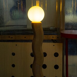 Curving Wooden Standing Lamp with Opal Glass, Corner Floor Lamp with Mirrored Base for Living Room , Wavy Handmade Bedside Night Light image 4