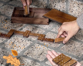 Premium Leather Dominoes in Walnut Box – Handcrafted Double-6 Game Set, Personalized Gift Option