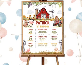 Könnte beinhalten: Eine hölzerne Staffelei zeigt ein farbenfrohes Geburtstagsschild im Bauernhof-Stil für Patrick. Das Schild zeigt eine rote Scheune, eine Windmühle und Traktorillustrationen. Der Text enthält "Patrick 1. Geburtstag", Größe 76 cm, Gewicht 11 kg und Lieblingsdinge.