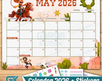 Printable May 2026 Calendar for Kids with Cowboy Theme, Monthly Planner PDF, Editable Digital Calendar, Fun Rodeo Cowboy, Instant Download