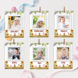 Modèle de bannière photo anniversaire ferme, cartes d'étape mensuelles modifiables pour bébé 1ère année, guirlande photo imprimable, téléchargement immédiat, fête GX002