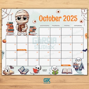 October 2025 Calendar for Kids, Editable Mummy Calendar, Cute Halloween School Theme Printable, Classroom Decor, Homeschool Instant Download