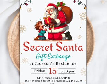 May include: A festive invitation for a Secret Santa gift exchange at Jackson's Residence on Friday, December 15th at 5:00 pm. The invitation features a cartoon illustration of Santa Claus giving a gift to a child. The text "RSVP by December 10 to Brayan at 123-456-7890" is included.