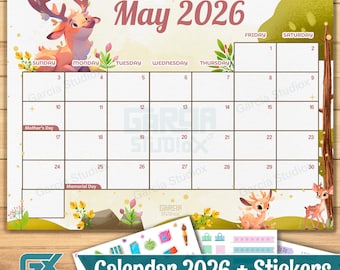 Printable May 2026 Calendar for Kids, Cute Deer Forest Theme, Editable Monthly PDF Template, Spring Animal Digital Planner, Instant Download