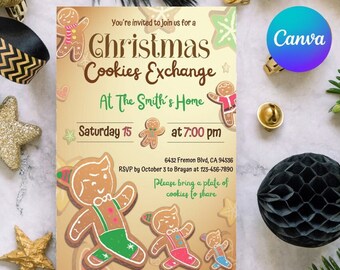 Può includere: Un invito a uno scambio di biscotti di Natale con un design a forma di uomo di pan di zenzero. L'invito è su uno sfondo beige con accenti verdi e bianchi. Il testo recita "You're invited to join us for a Christmas Cookies Exchange at The Smith's Home Saturday 15 at 7:00 pm 6432 Fremon Blvd, CA 94536 RSVP by October 3 to Brayan at 123-456-7890 Please bring a plate of cookies to share".