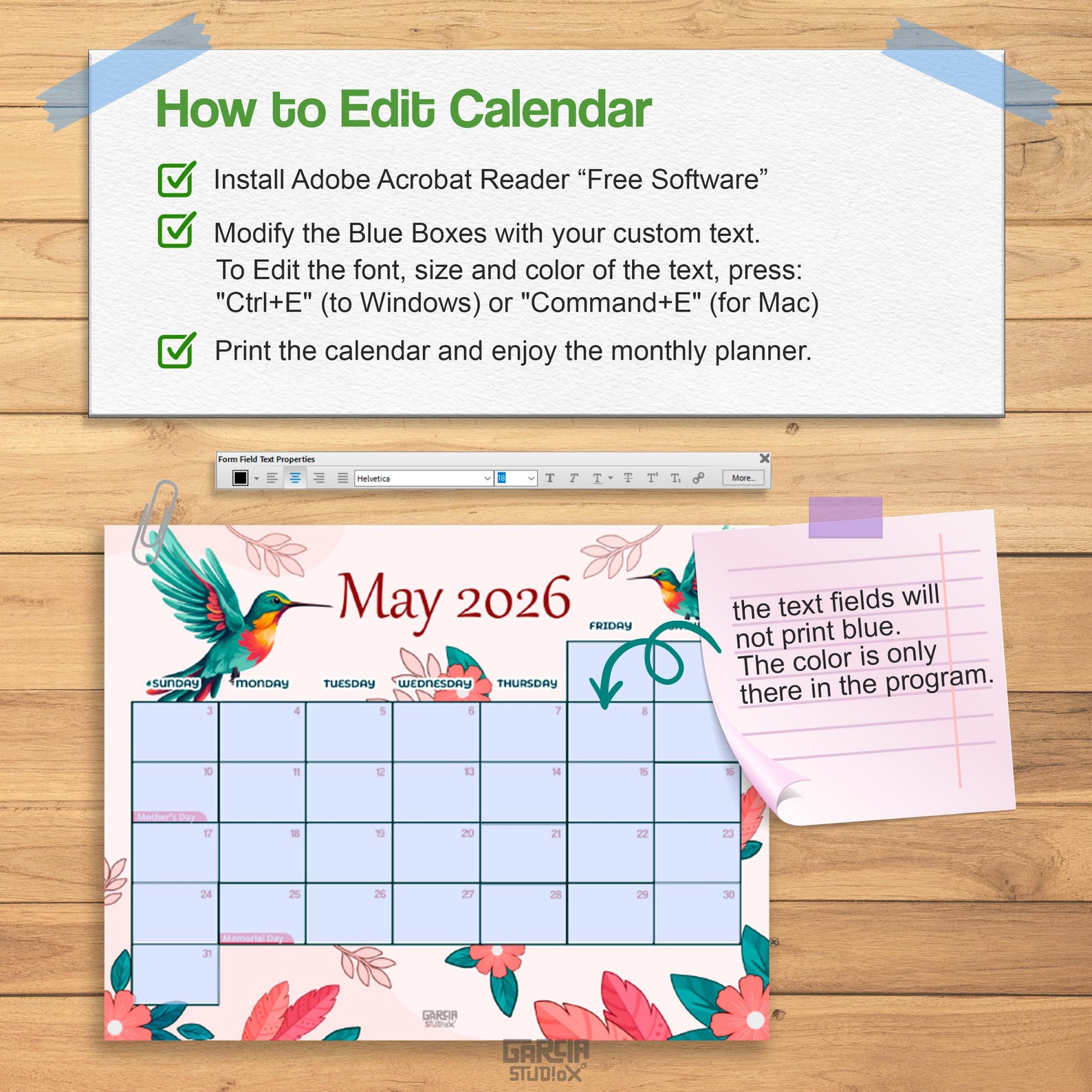 Calendario imprimible de mayo de 2026 con colibrí y flores, bonito ...