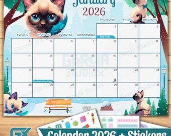 Ausdruckbarer Kalender Januar 2026 mit Feiertagen | Siamesische Katze Thema | Niedliches bearbeitbares monatliches PDF | Sofortdownload | Kawaii Tier Vorlage