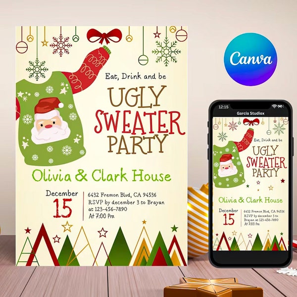 Editable Ugly Christmas Sweater Party invitation, ugly sweater, ugly sweater party invitations, Christmas ugly sweater party invite template