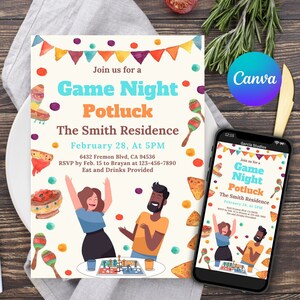 May include: A colourful invitation for a Game Night Potluck at The Smith Residence on 28th February at 5 PM. The invitation features a watercolour background with festive decorations, including maracas, flags, and confetti. The text includes the date, time, address, RSVP information, and a note that food and drinks will be provided.