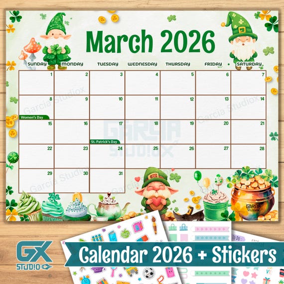 March 2026 calendar printable editable, st. patricks day monthly ...