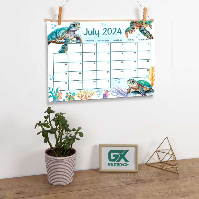 EDITABLE July 2024 Calendar With Sea Turtle Design, Fillable Summer