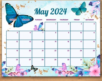 EDITABLE Calendario maggio 2024, Pianificatore primaverile compilabile, Programma mensile per bambini, Scuola, Casa e ufficio stampabile, Download istantaneo, Farfalla