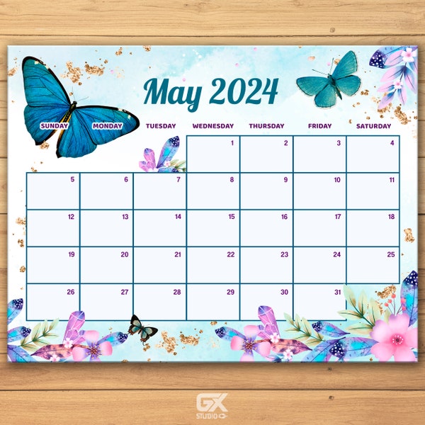 EDITABLE May 2024 Calendar, Fillable Spring Planner, Monthly Schedule for Kids, School, Home & Office Printable, Instant Download, Butterfly