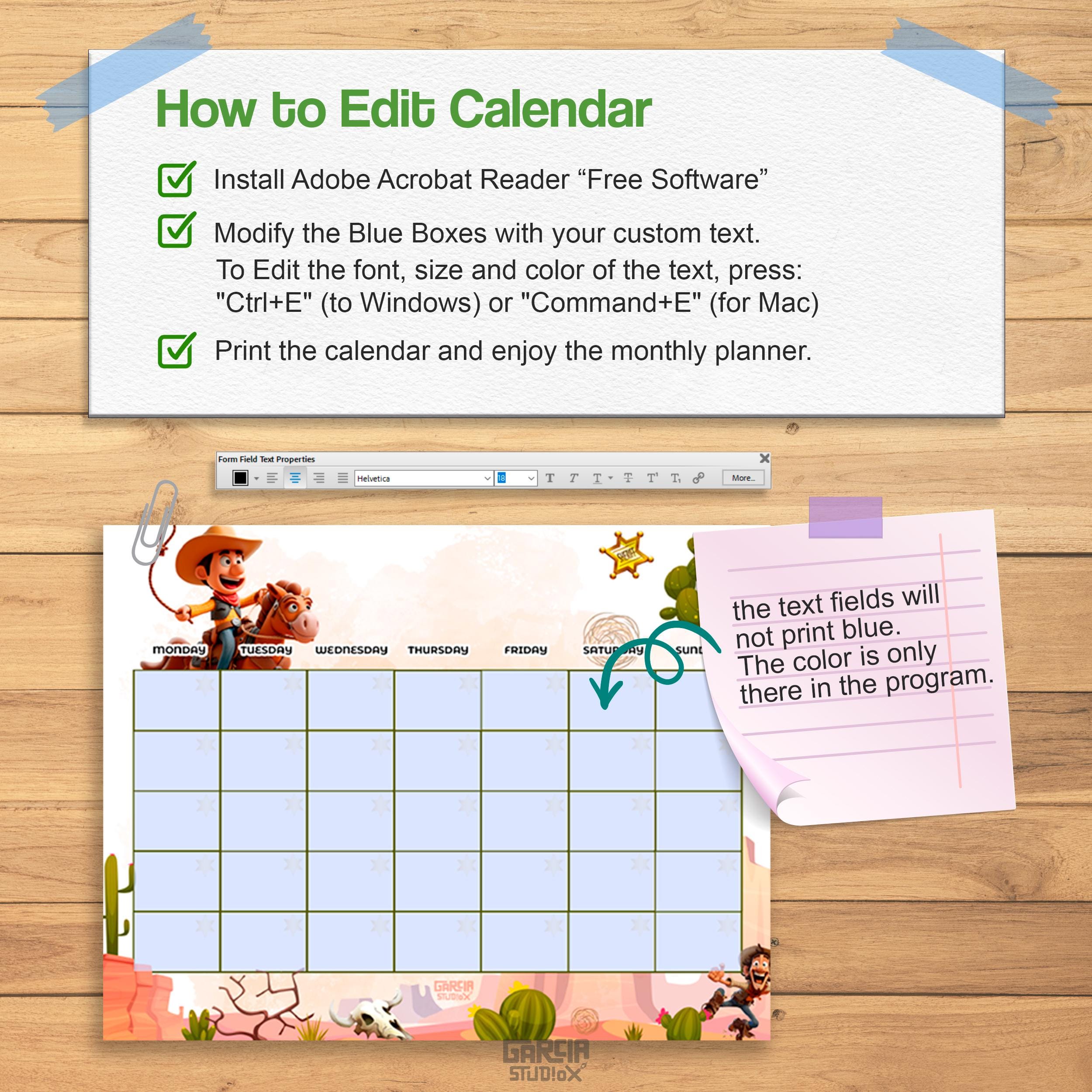 EDITABLE Perpetual Calendar, Cowboy and Rodeo Kids, Monthly Calendar ...
