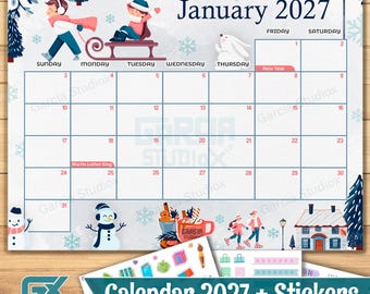 Kalender januari 2027 BEWERKBAAR: afdrukbare pdf met feestdagen, lege maandelijkse sjabloon, leuk en bewerkbaar, klaar om af te drukken, direct downloaden