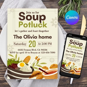 Puede incluir: Una invitación colorida para un potluck de sopa en The Olivia home el sábado 20 a las 2:00 PM. La invitación incluye la dirección, 6432 Fremon Blvd, CA 94536, y una fecha límite de respuesta el 10 de abril a Brayan al 123-456-7890.