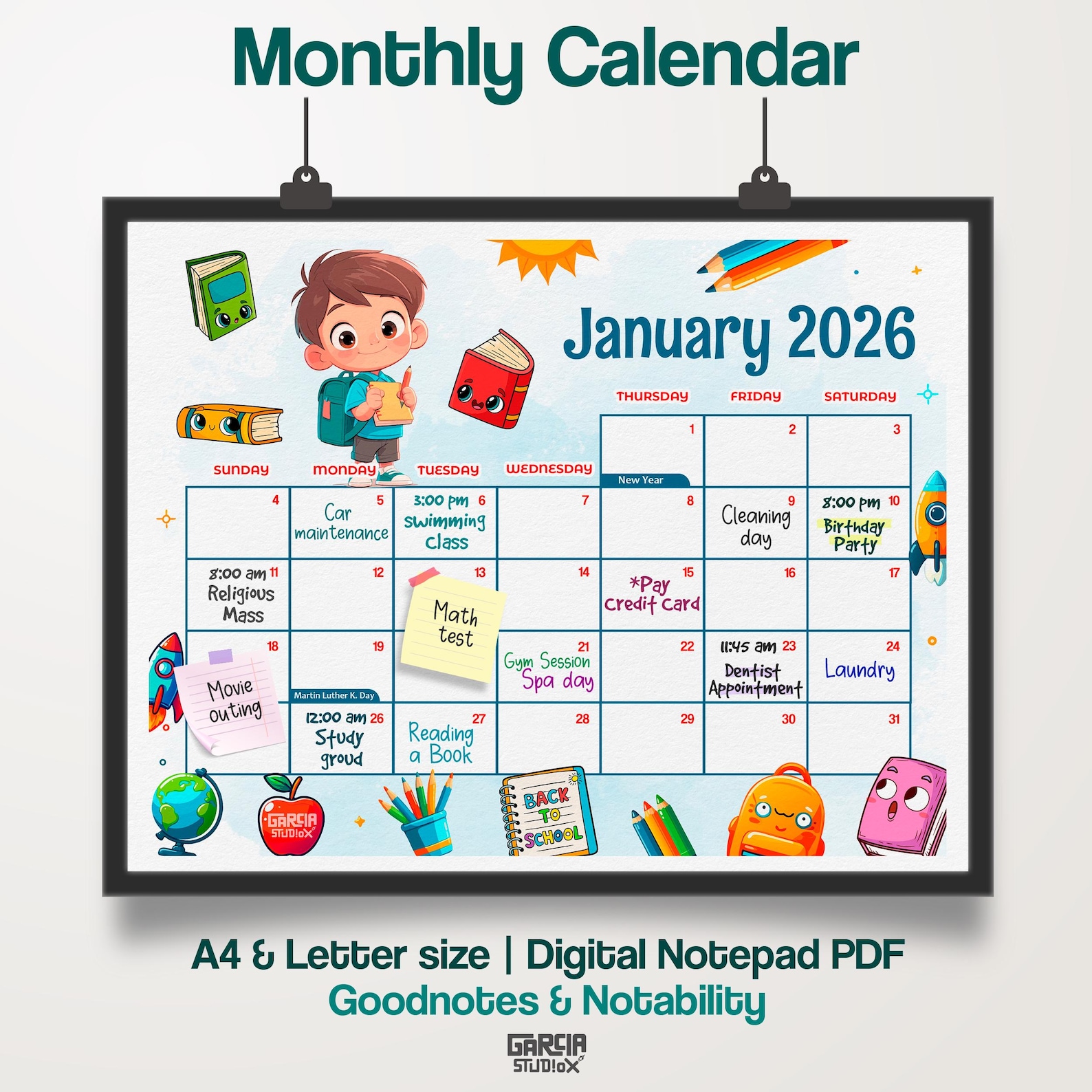 2026 Printable Calendar for Kids - Cute School Notebooks Theme ...