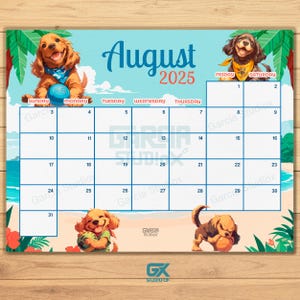 Calendario agosto 2025 modificabile, estate rilassante in spiaggia con cani carini, planner stampabile e compilabile per casa e lavoro, download immediato