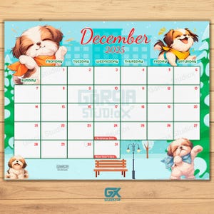 Op de afbeelding: Een decemberkalender 2025 met een winterscène met een schattig cartoonhondje met een sjaal. De kalender heeft een groene rand en witte vakjes met rode nummers. De kalender is versierd met sneeuwvlokken en een lantaarnpaal.