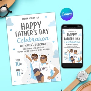 Fathers Day Celebration Invitations, Celebrate Dad Invite, Dad Day Invitation, Gift for Dad, black father&#39;s day invitation, father and son