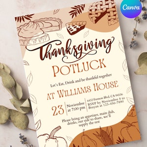 Potluck de Thanksgiving, modèle d’invitation potluck de Thanksgiving modifiable, modèle de carte de dîner de Thanksgiving, invitation d’automne, fête de famille