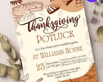 Thanksgiving potluck, editable Thanksgiving potluck invitation template, Thanksgiving dinner card template, fall invitation, family party