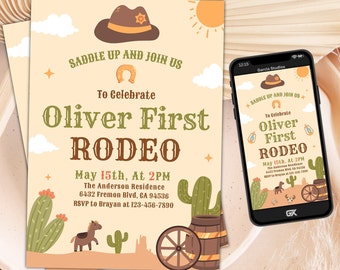 FIRST RODEO Invitation Template, Printable Wild West Birthday Invite, Boy Cowboy Birthday Invitation, Editable My 1st Rodeo Invitation