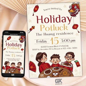 Puede incluir: Una invitación festiva a un Potluck de Navidad en la residencia Huang el viernes 15 de diciembre a las 5:00 PM. La invitación presenta una ilustración de dibujos animados de una familia disfrutando de una comida juntos, con un dragón rojo y caracteres chinos para "suerte" y "fortuna".