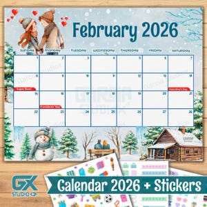 Calendario imprimible de febrero de 2026: Linda pareja invernal, PDF editable, estética romántica de San Valentín, descarga instantánea, planificador de amor 2026