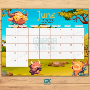 Calendario de junio de 2025 editable, verano alegre con safari de búfalos, calendario imprimible para el aula, horario escolar para niños, descarga instantánea