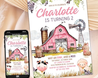May include: A pink barn with a white windmill and a white sign that says "Whit an Oink, and a Moo" with the text "Saturday, October 15DR at 1:30PM to 6:00PM 6432 Fremon Blvd, CA 94536 RSVP by October 02 to Brayan at 123-456-7890". The barn is surrounded by farm animals, including a cow, a pig, a sheep, and a chicken. The invitation is for a birthday party for Charlotte who is turning 2.