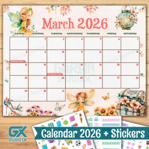 Maart 2026 kalenderfeeënthema, schattige bewerkbare maandplanner, lentebloemen en vlinderontwerp, afdrukbare muurkunst voor thuiskantoorfee