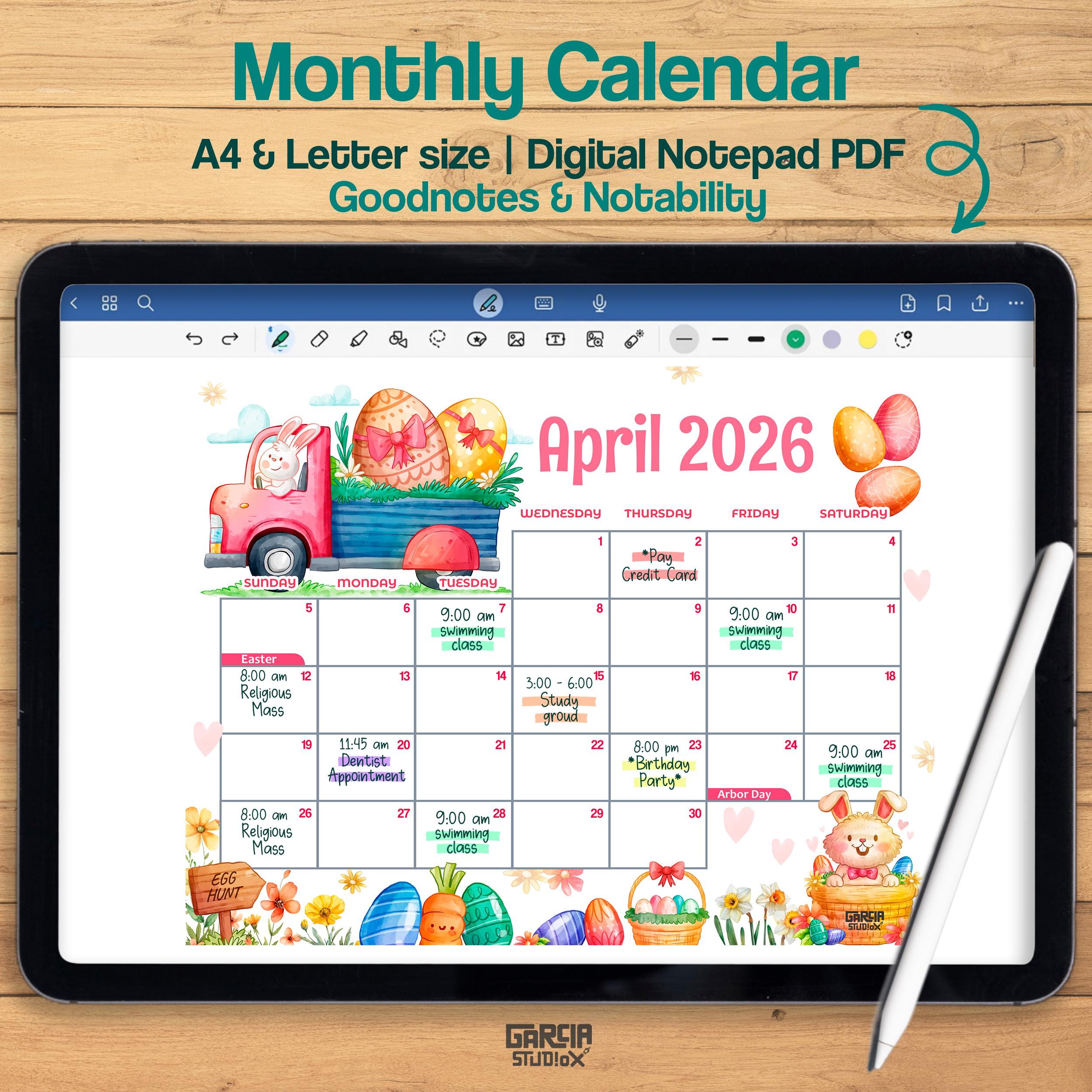 April 2026 Calendar Printable With Easter Bunny Truck, Cute Kids Easter ...