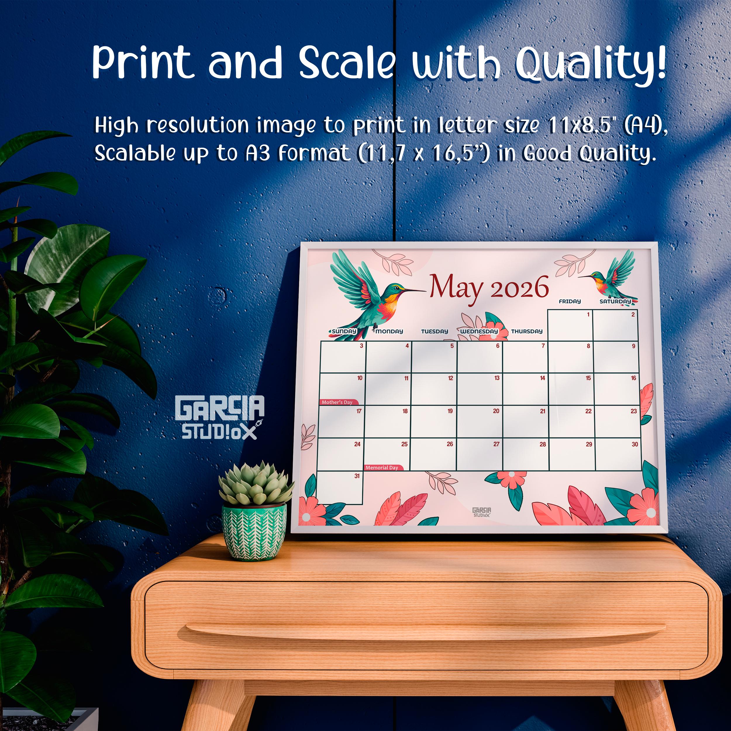 Buy May 2026 Calendar Printable With Hummingbird and Flowers, Cute