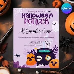 May include: Purple Halloween party invitation with a cauldron, pumpkins, and a ghost. The invitation says "Please join us for a Halloween Potluck at Samantha's house". The date is October 31st.