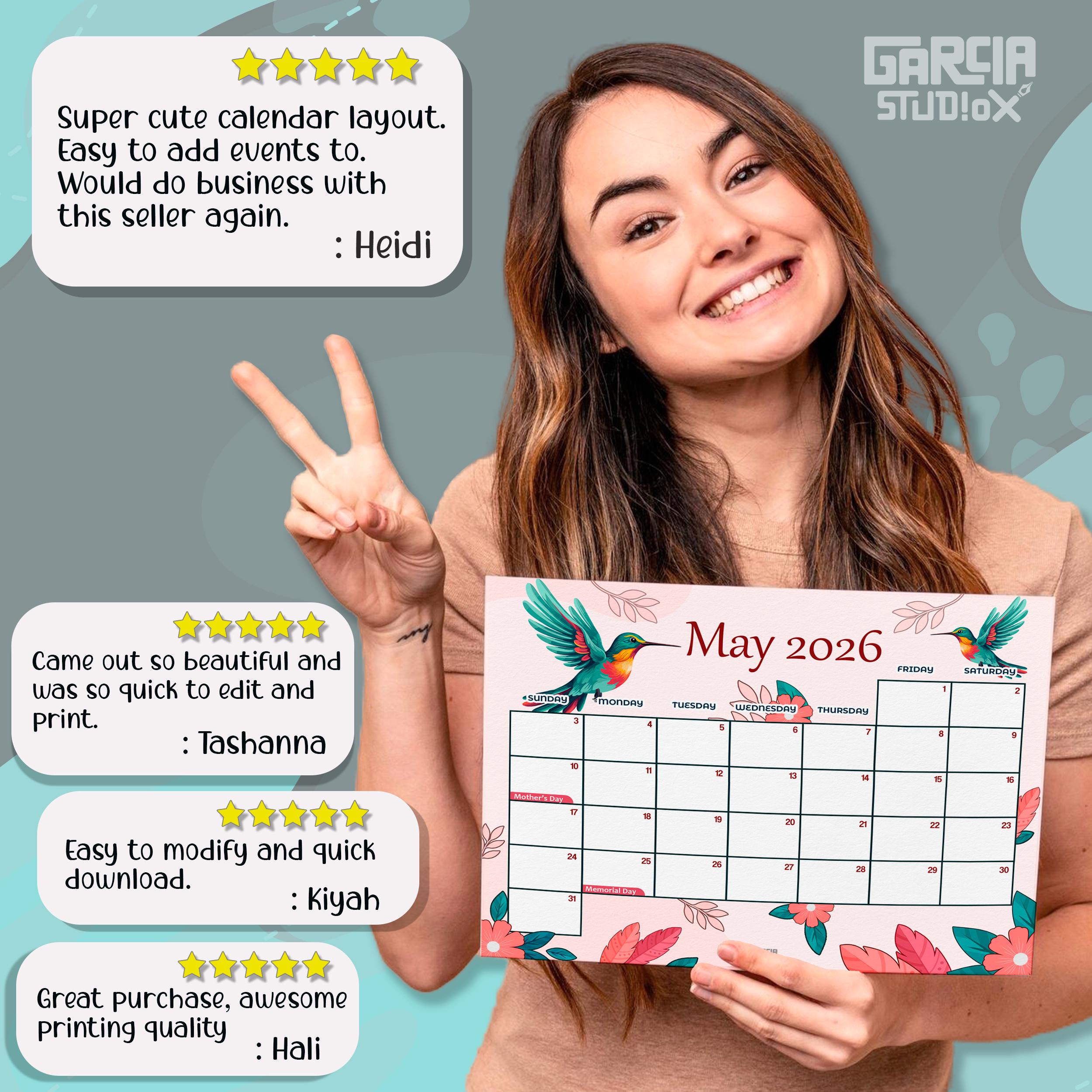 Buy May 2026 Calendar Printable With Hummingbird and Flowers, Cute