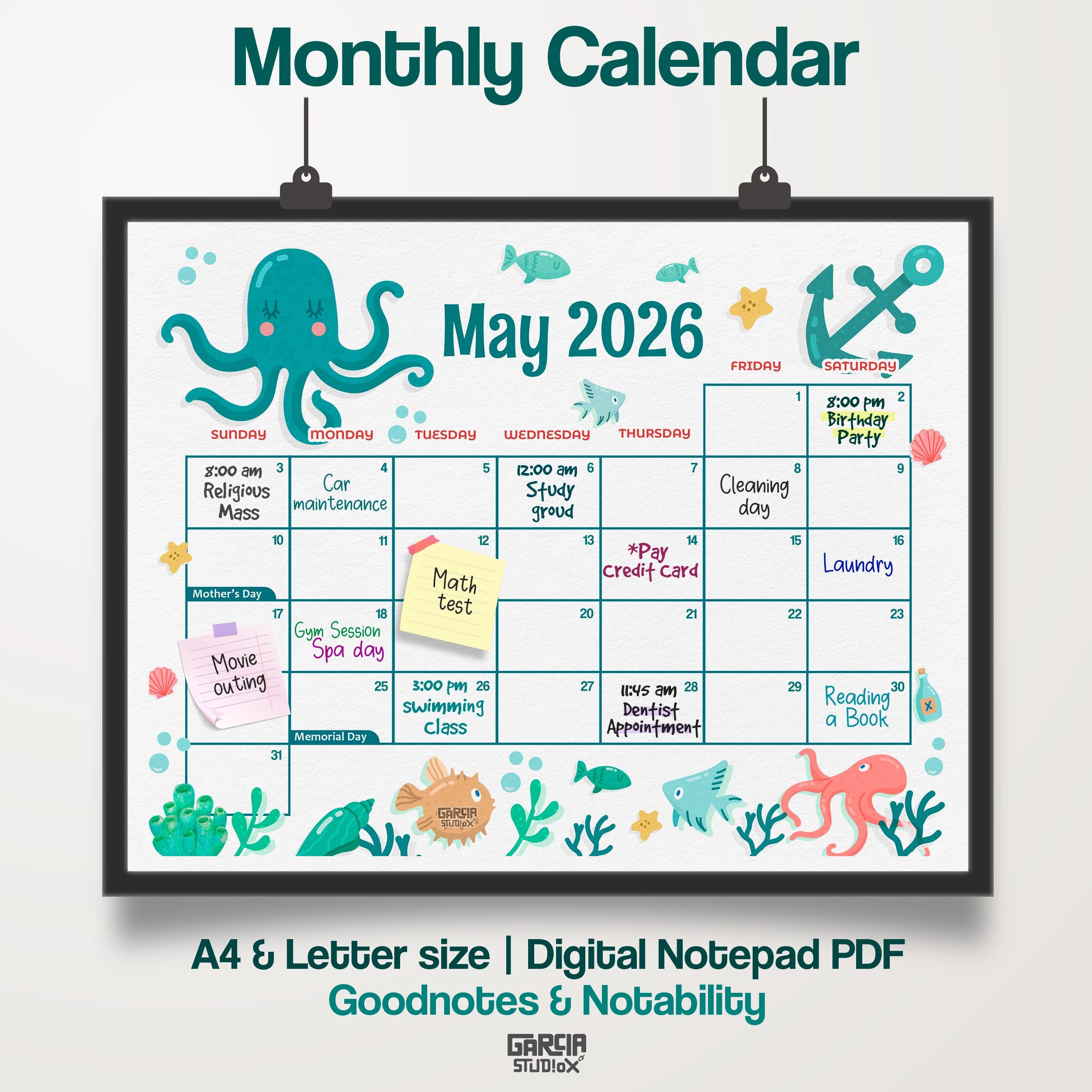 Calendario imprimible de mayo de 2026 para niños. Bonito pulpo con ...