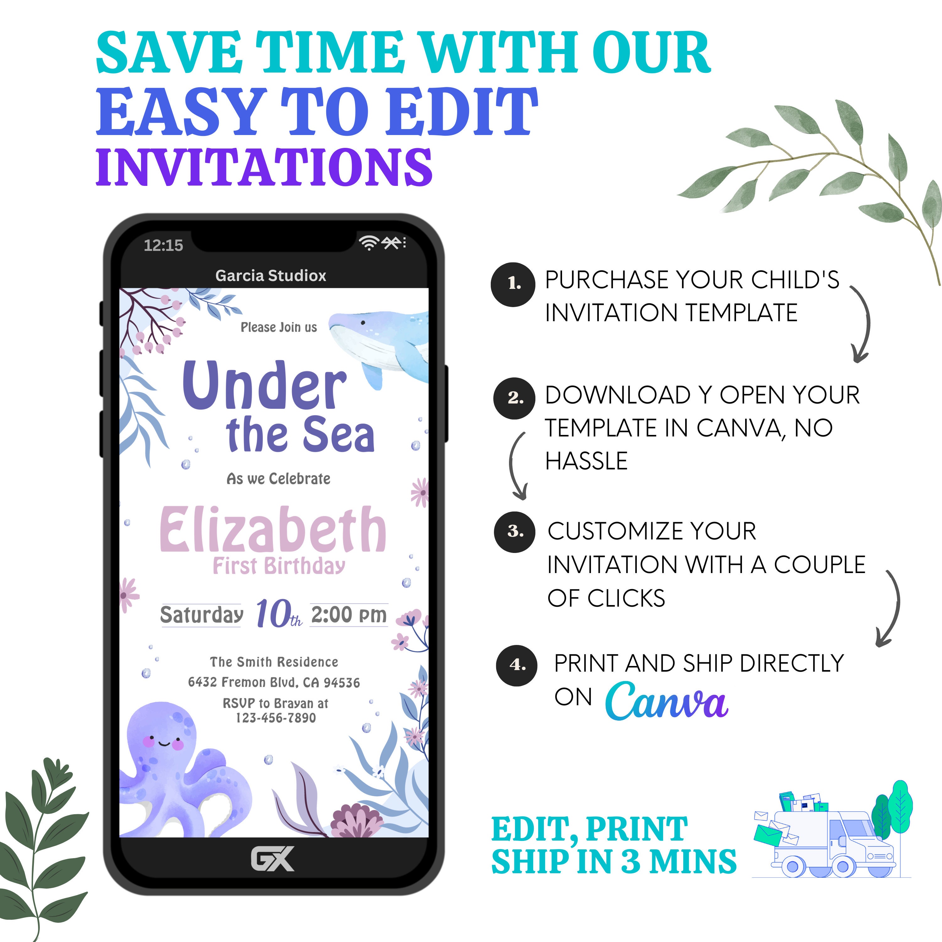Under the Sea Birthday Invitation Printable, Under the Sea Editable Template, 1st Birthday ...