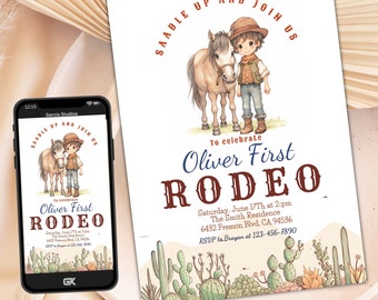 May include: A printable invitation for a child's first rodeo party. The invitation features a cartoon illustration of a boy and a horse with a desert landscape background. The text on the invitation reads "Saddle Up and Join Us to Celebrate Oliver First Rodeo. Saturday, June 17th at 2pm. The Smith Residence, 6432 Fremon Blvd. CA 94536. RSVP to Brayan at 123-456-7890."