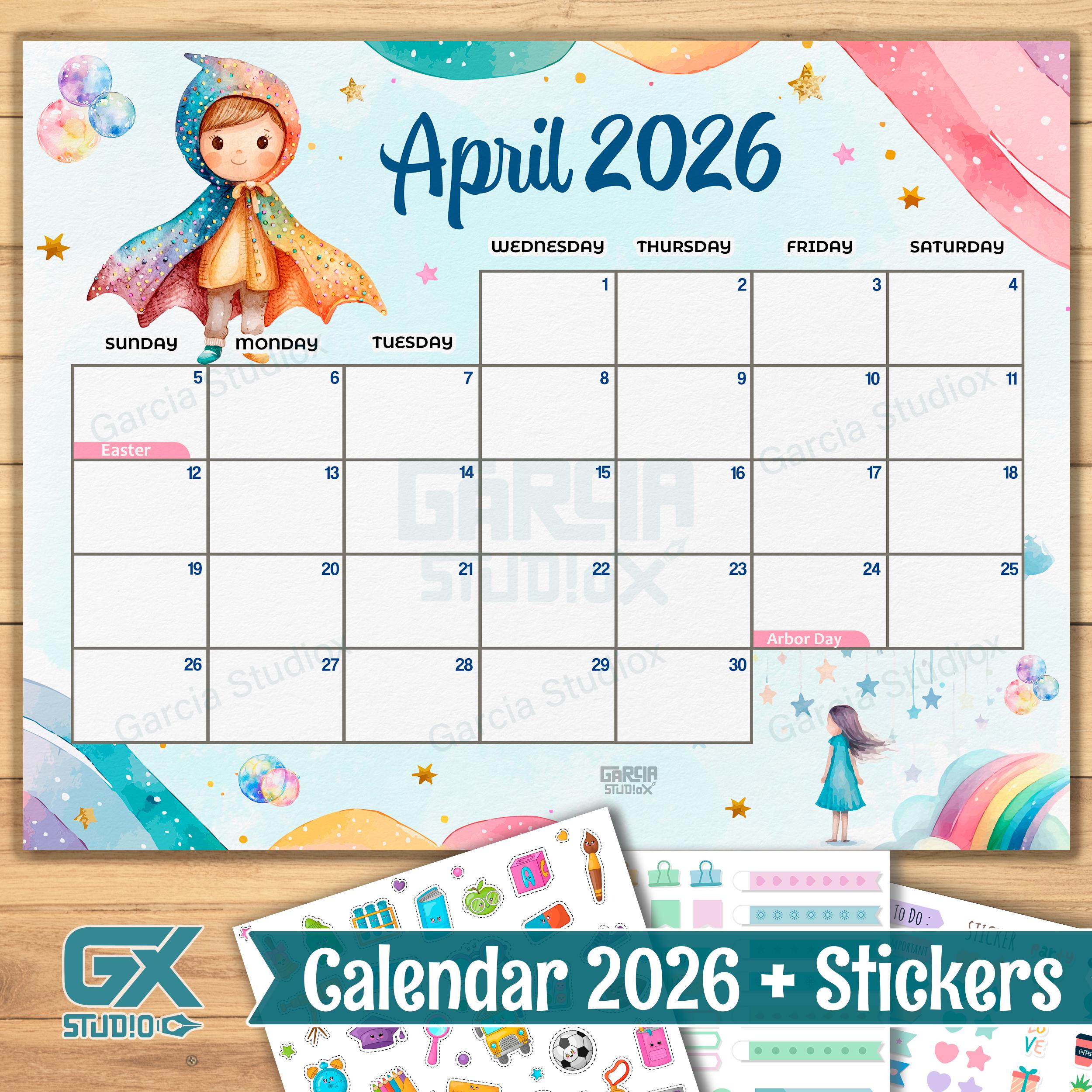 April 2026 Calendar Printable for Kids, Cute Rainbow Children ...