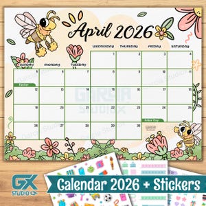 April 2026 Calendar Printable for Kids with Cute Bees, Editable PDF Template, Instant Download, Spring Monthly Planner, Blank Calendar