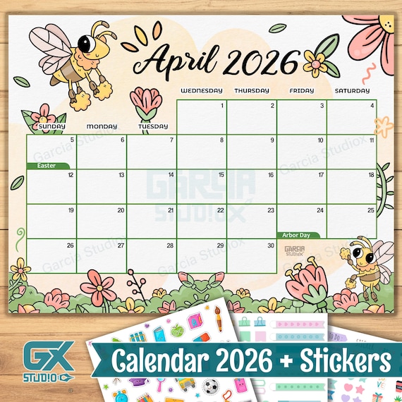 April 2026 calendar printable for kids with cute bees, editable ...