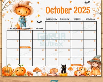 October 2025 Calendar Halloween Pumpkin Theme for Kids - Printable, Editable PDF Template, Instant Download, Monthly Planner, calendar 2025