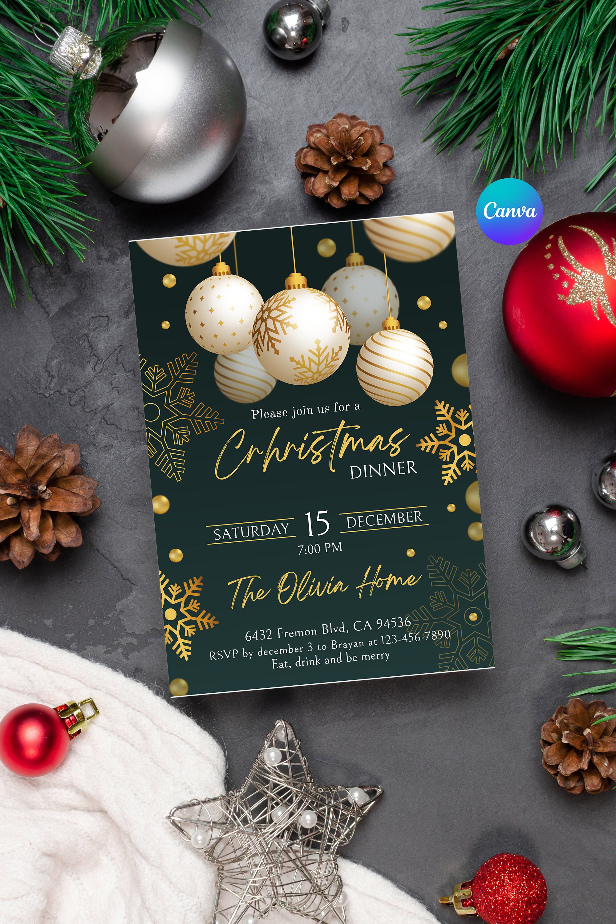 Christmas Dinner Party Invitation Template, Xmas Dinner Invite, Winter