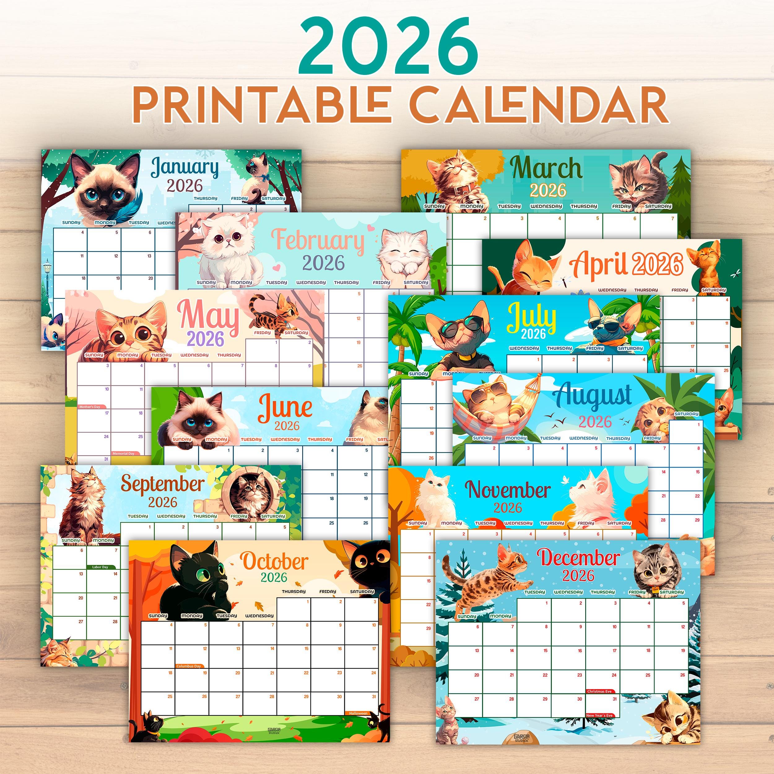 Calendrier Aquarelle 2026 à Colorier - Planificateur Mensuel Animaux - Déco Bureau, Cadeau Créatif