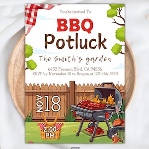 May include: A white invitation card with a cartoon illustration of a backyard barbecue. The text reads "You're invited to BBQ Potluck The Smith's garden 6432 Fremon Blvd, CA 94536 RSVP by November 10 to Brayan at 123-456-7890 Nov 18 2:00 PM".