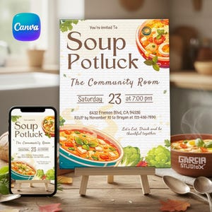 EDITABLE Soup Potluck Invitation, Church, Community, Event, Soup Party, Potluck Template, Use for Gatherings or as a Flyer, Digital Invite